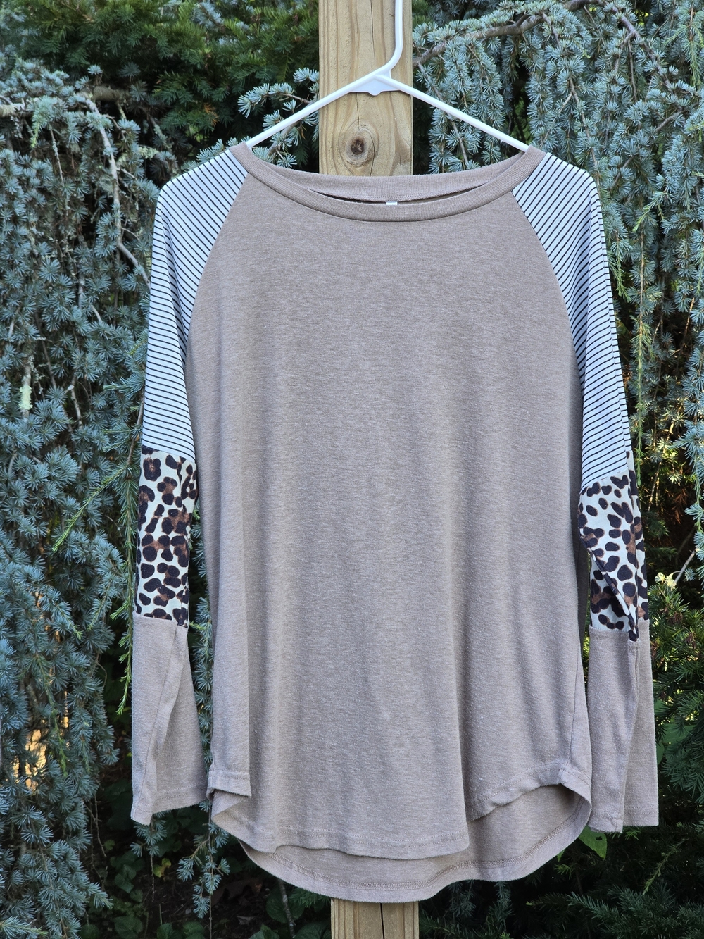 Taupe Raglan Sleeve Women's Top with Stripe and Leopard Detail